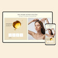 Product packaging with a woman applying hair oil, displayed on a tablet and smartphone.