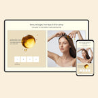 Product packaging with a woman applying hair oil, displayed on a tablet and smartphone.
