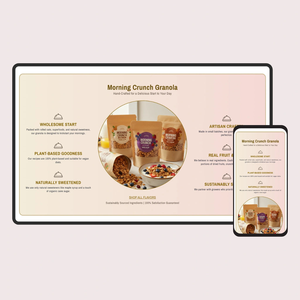 Digital display and smartphone showing 'Morning Crunch Granola' packaging and branding.