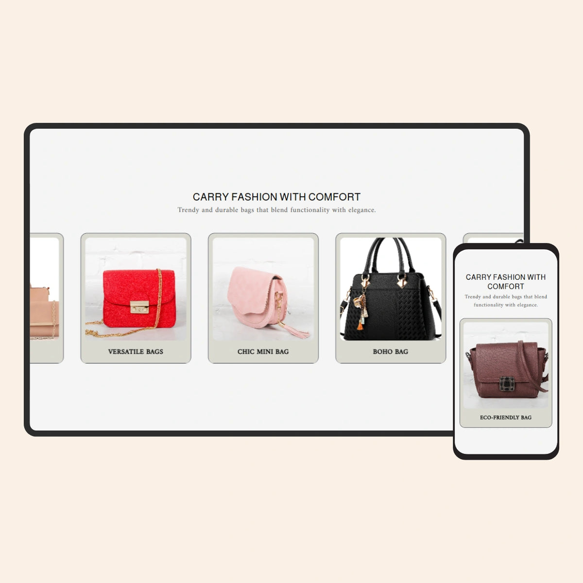 Digital display showing a selection of handbags with a phone on the side.