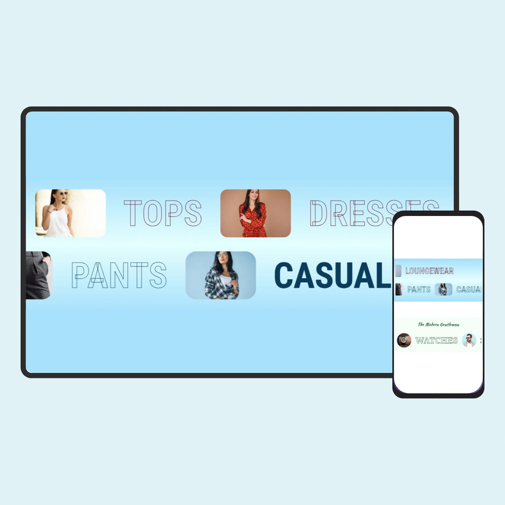 Digital display with clothing categories and a smartphone showing a similar interface on a light blue background