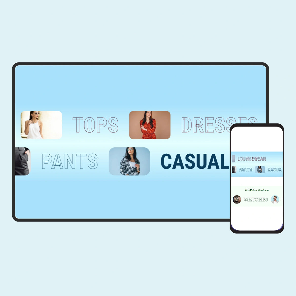 Digital display with clothing categories and a smartphone showing a similar interface on a light blue background