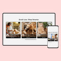 Digital display with pet products and 'Scroll Less. Shop Smarter.' text on a pink background