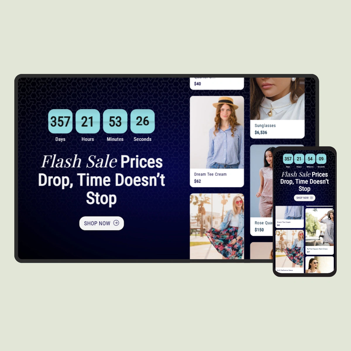 Digital display with promotional text and images on a light gray background