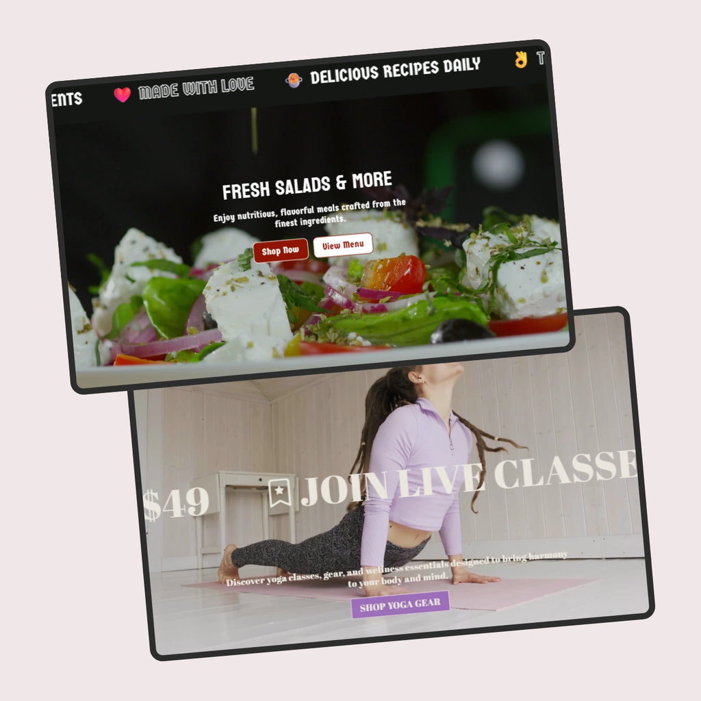 Two computer monitors displaying different websites on a light pink background