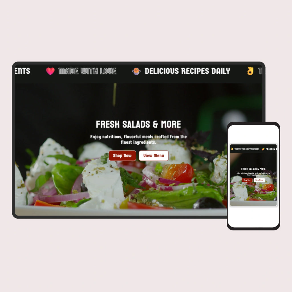 Digital display and smartphone showing a salad menu with branding and navigation elements.