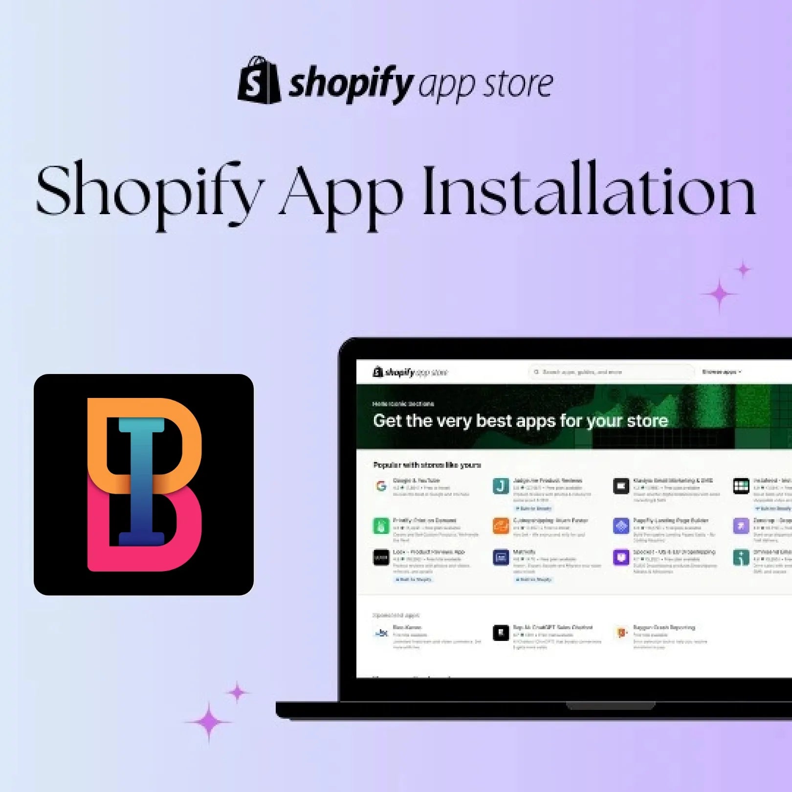 Shopify app store with a laptop displaying apps and a colorful logo on a light purple background