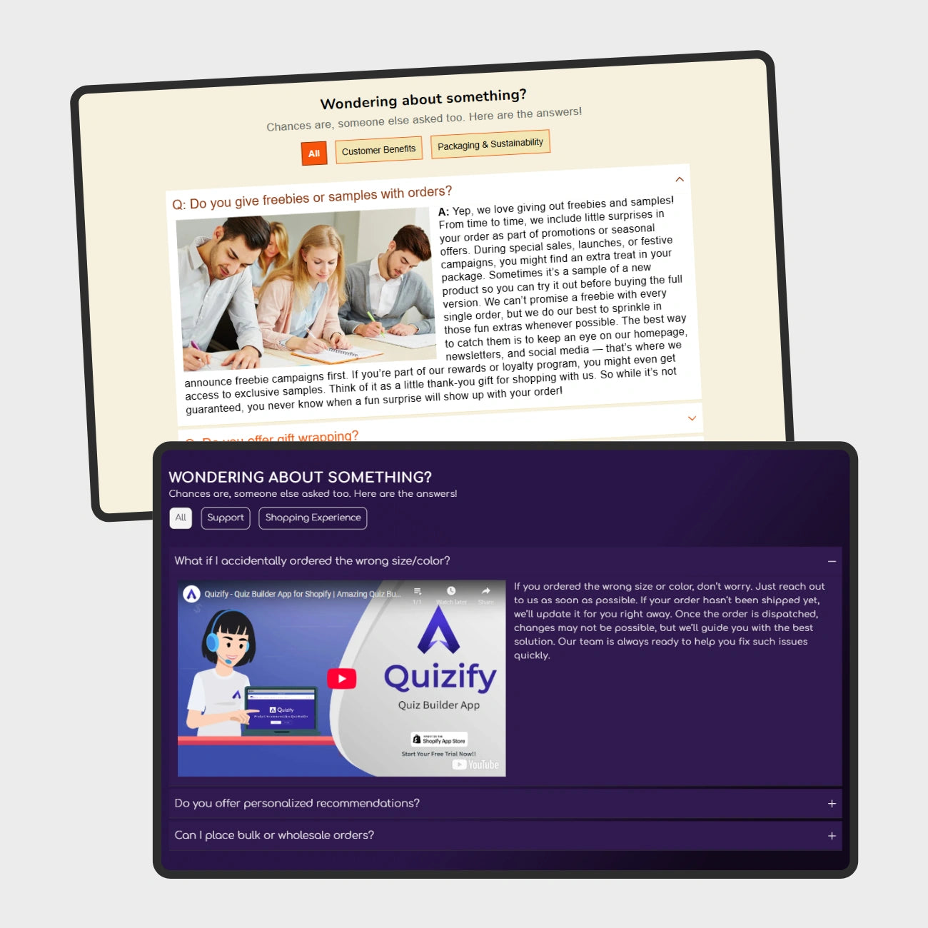 Two computer monitors displaying customer service chat interfaces with 'Quizify' branding.