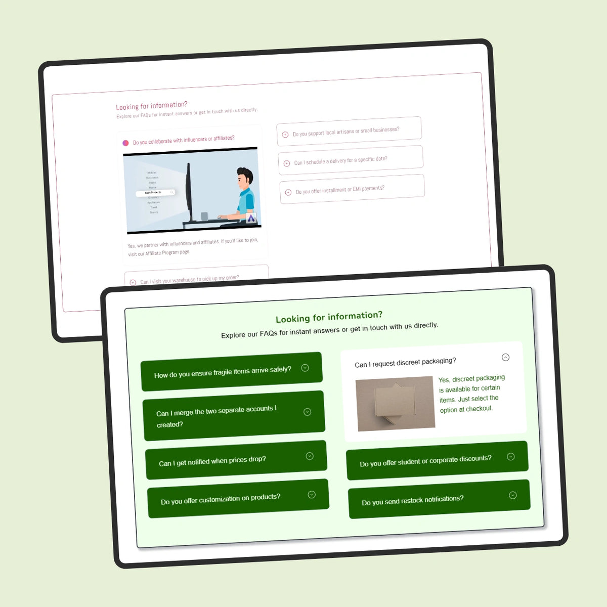 Two computer monitors displaying a customer service chat interface on a light green background