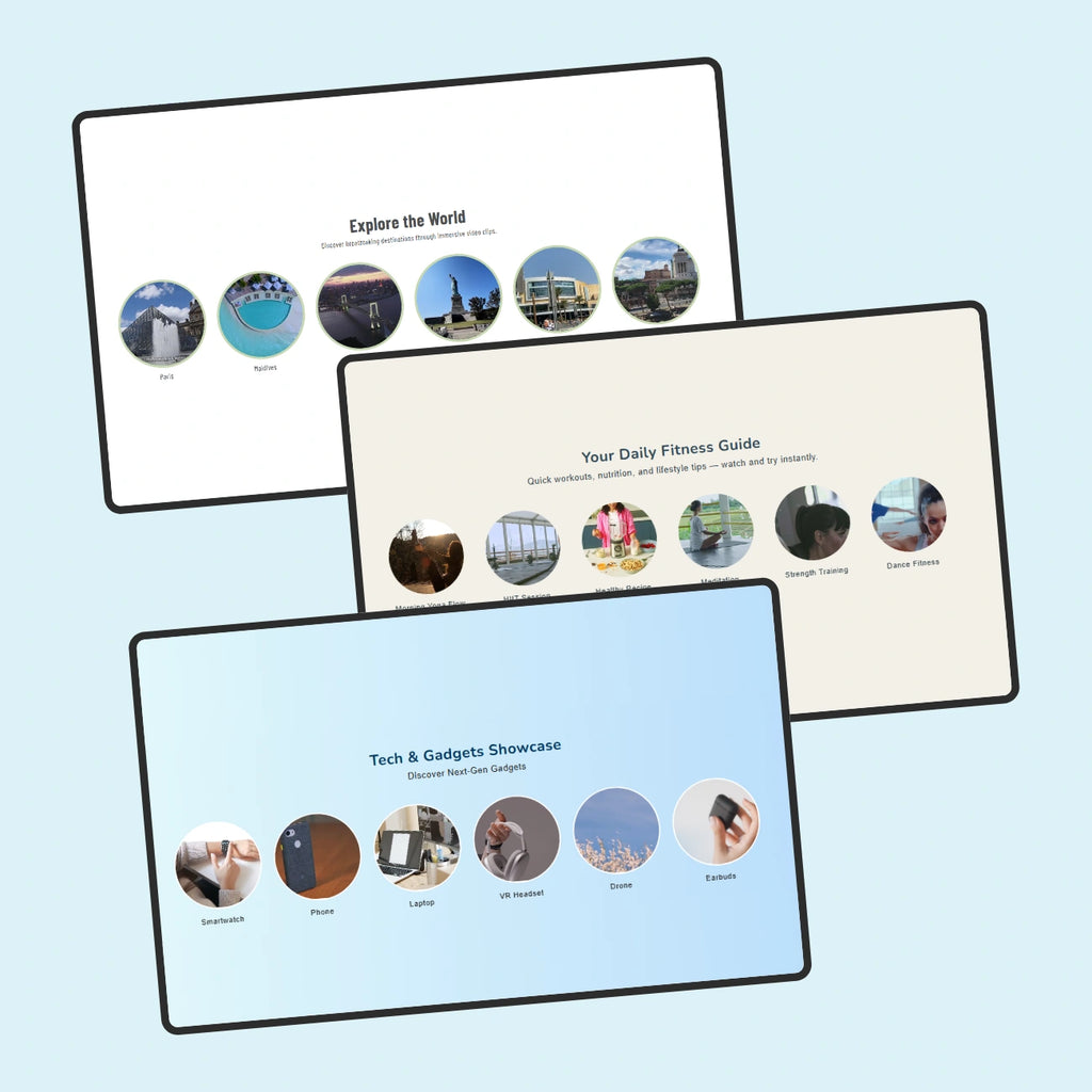 Three digital screens displaying different content on a light blue background