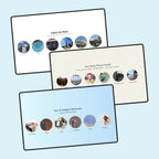 Three digital screens displaying different content on a light blue background