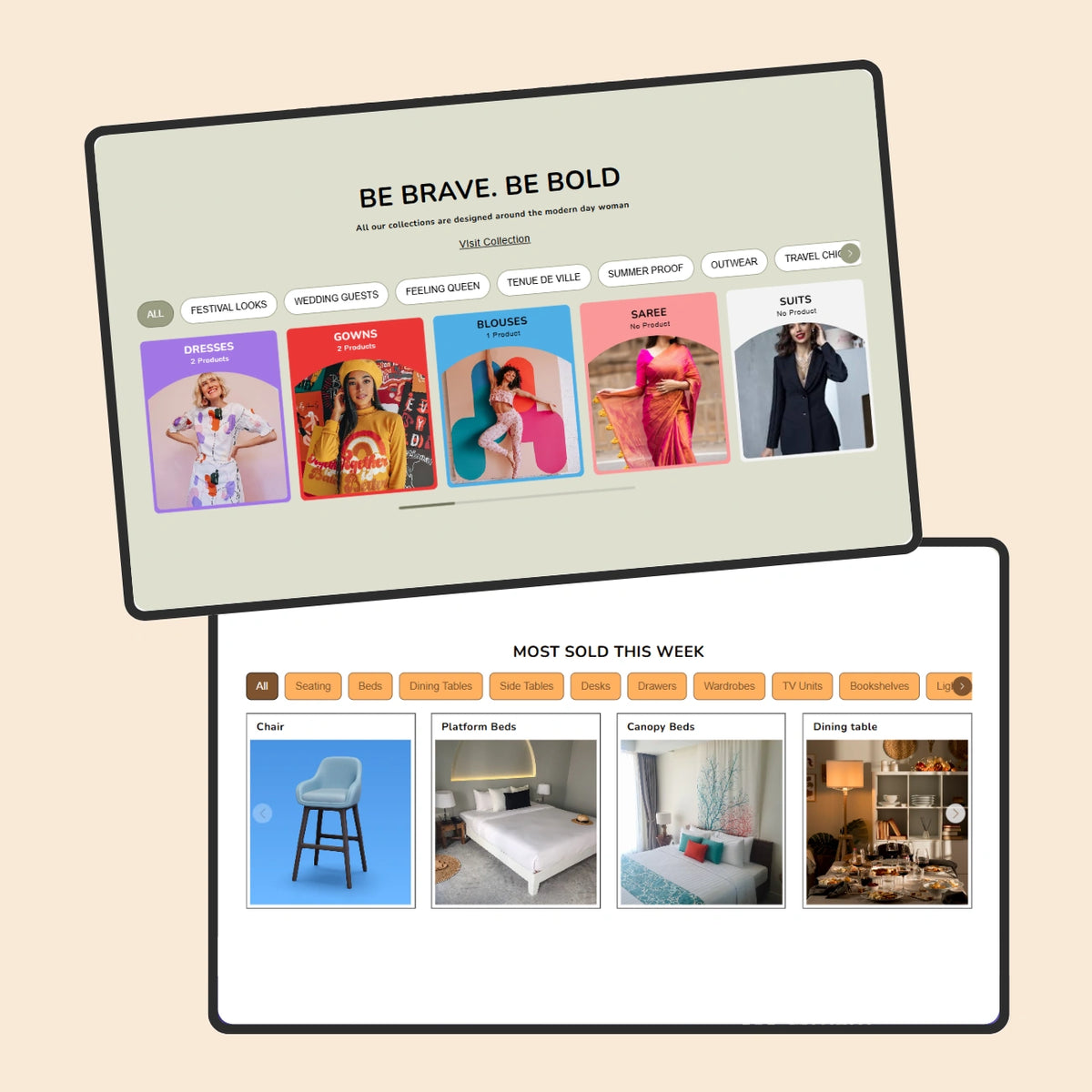 Two computer monitors displaying a fashion website and home decor images on a beige background.
