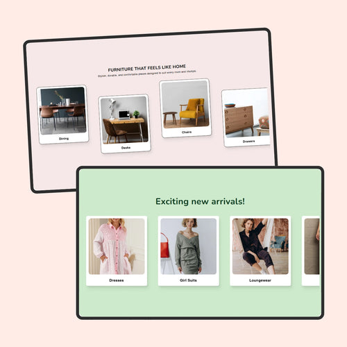 Two computer monitors displaying different types of furniture and clothing on a light pink background.