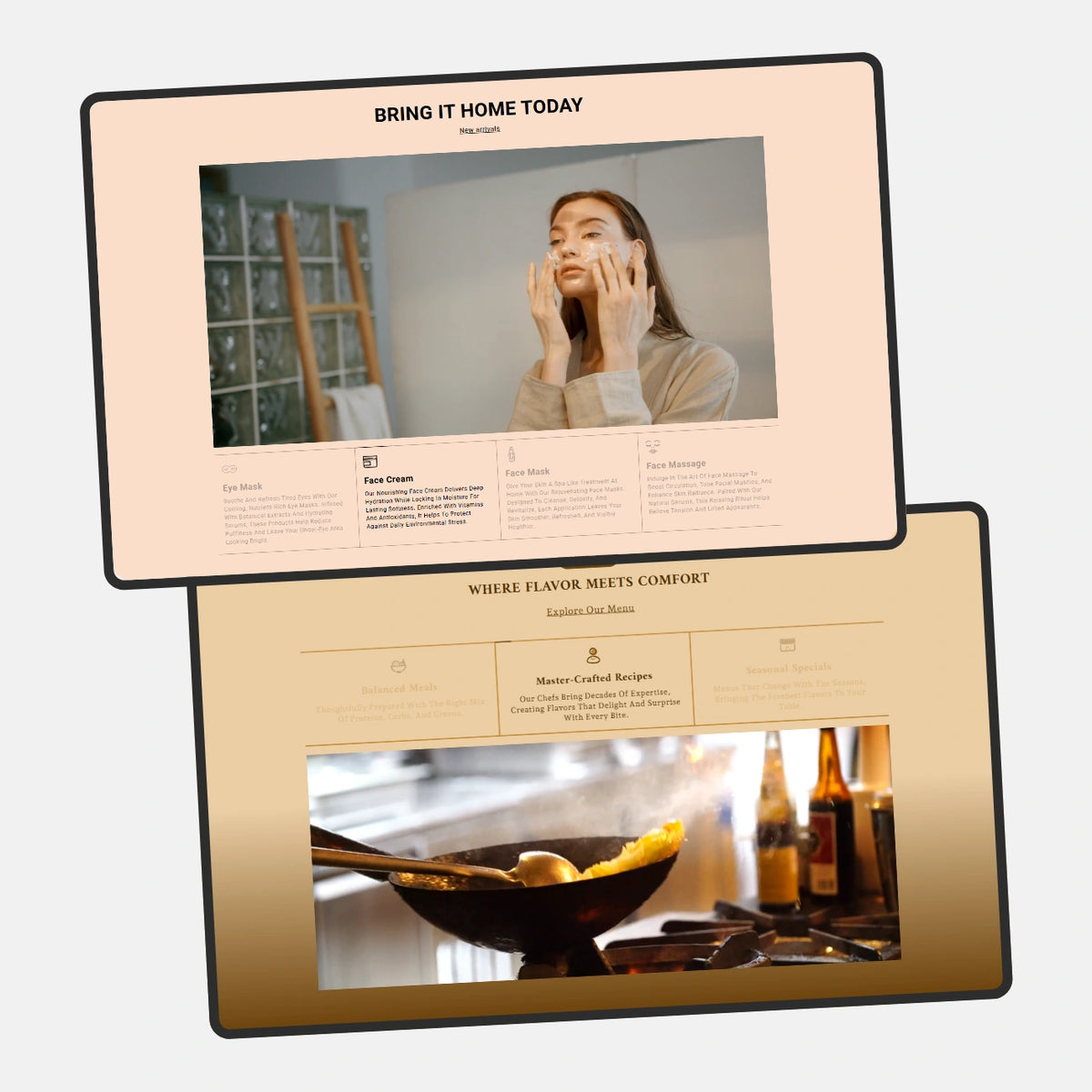 Two digital display screens showing lifestyle and product images on a white background.