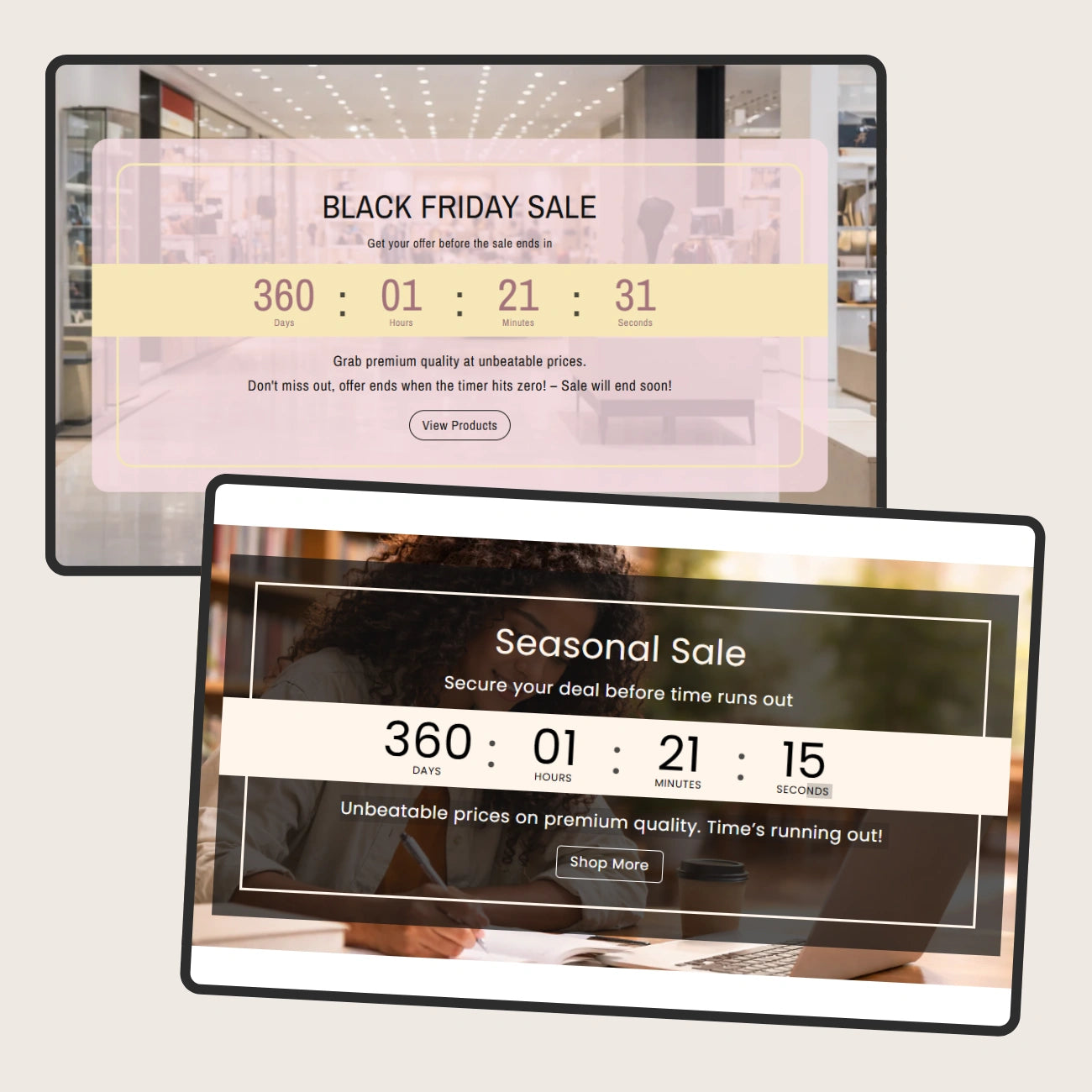Digital display screens showing Black Friday and seasonal sale timers in a retail setting.