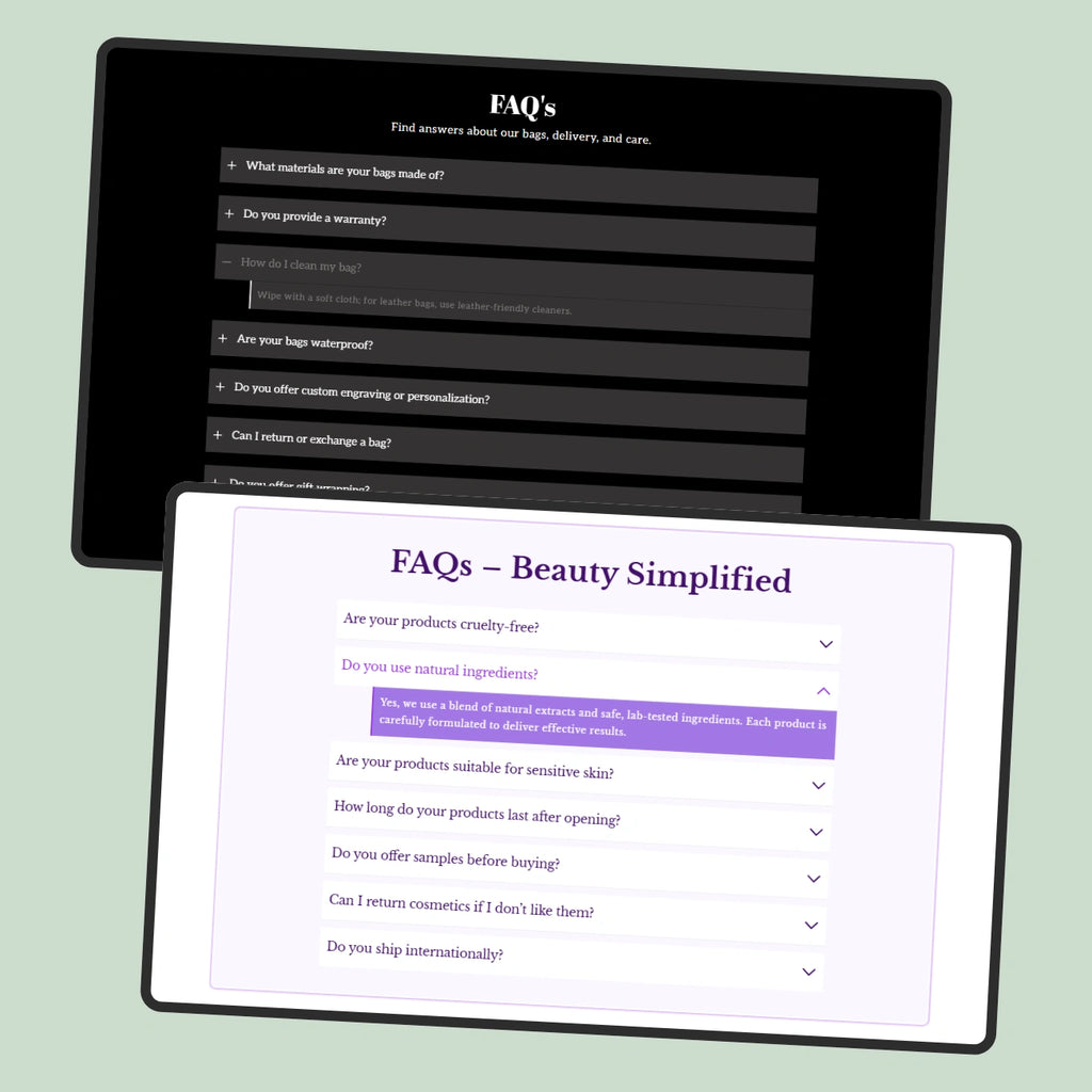 Two computer monitors displaying FAQs on a light green background