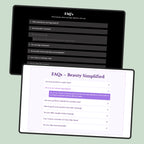 Two computer monitors displaying FAQs on a light green background