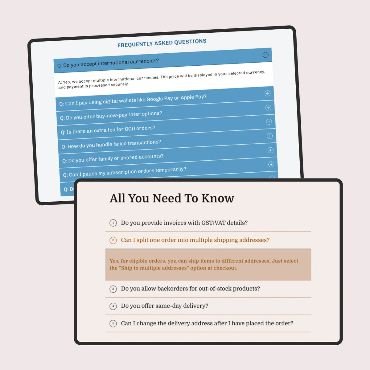 Two computer screens displaying FAQ sections on a light pink background