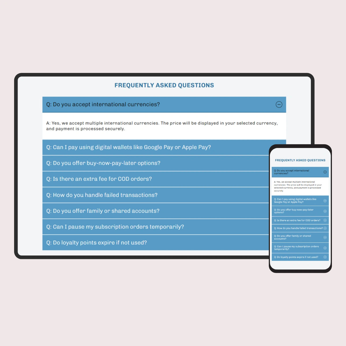 Frequently Asked Questions section on a screen with a smartphone displaying the same content.