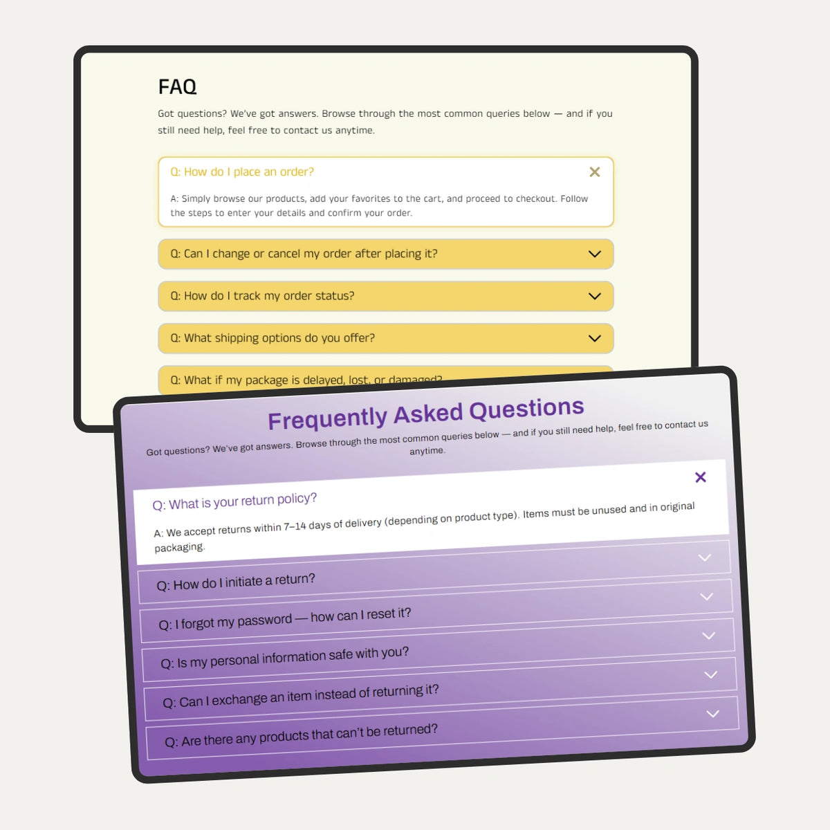 Two computer monitors displaying FAQ sections with questions and answers.