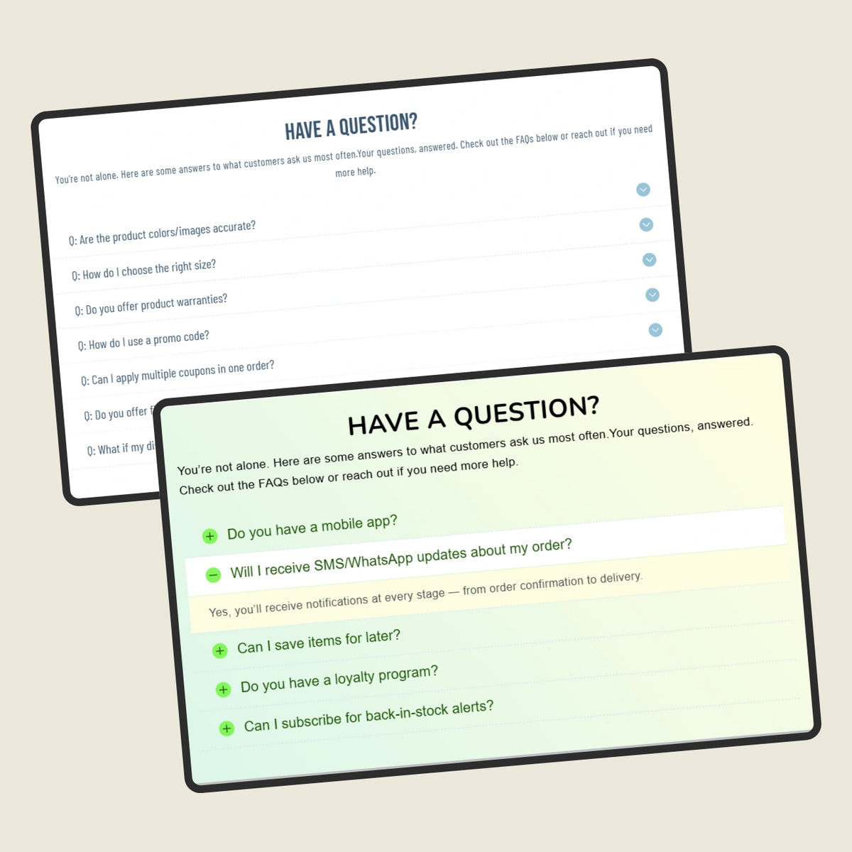 Two questionnaires on a beige background, one with text and the other with checkboxes.