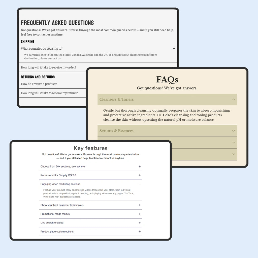 Screenshots of a website with FAQs and key features sections on a light blue background.
