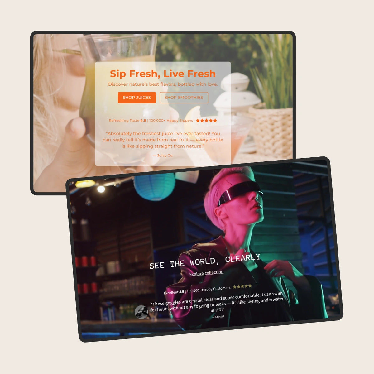 Two tablet screens displaying different content on a light beige background