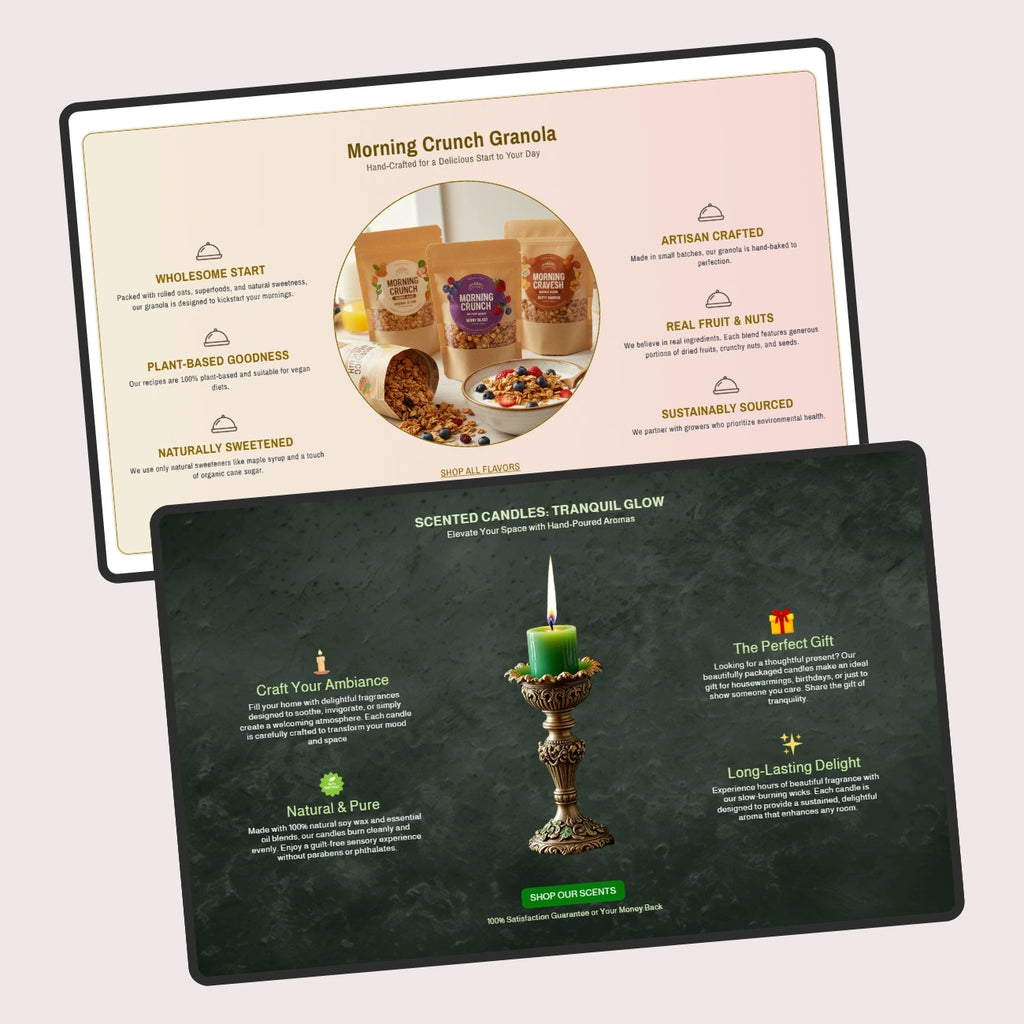 Two product cards, one for 'Morning Crunch Granola' and the other for 'Scented Candles', on a light gray background.
