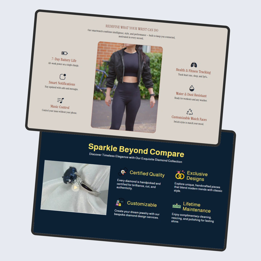 Two promotional panels for a smartwatch and jewelry brand on a light blue background.