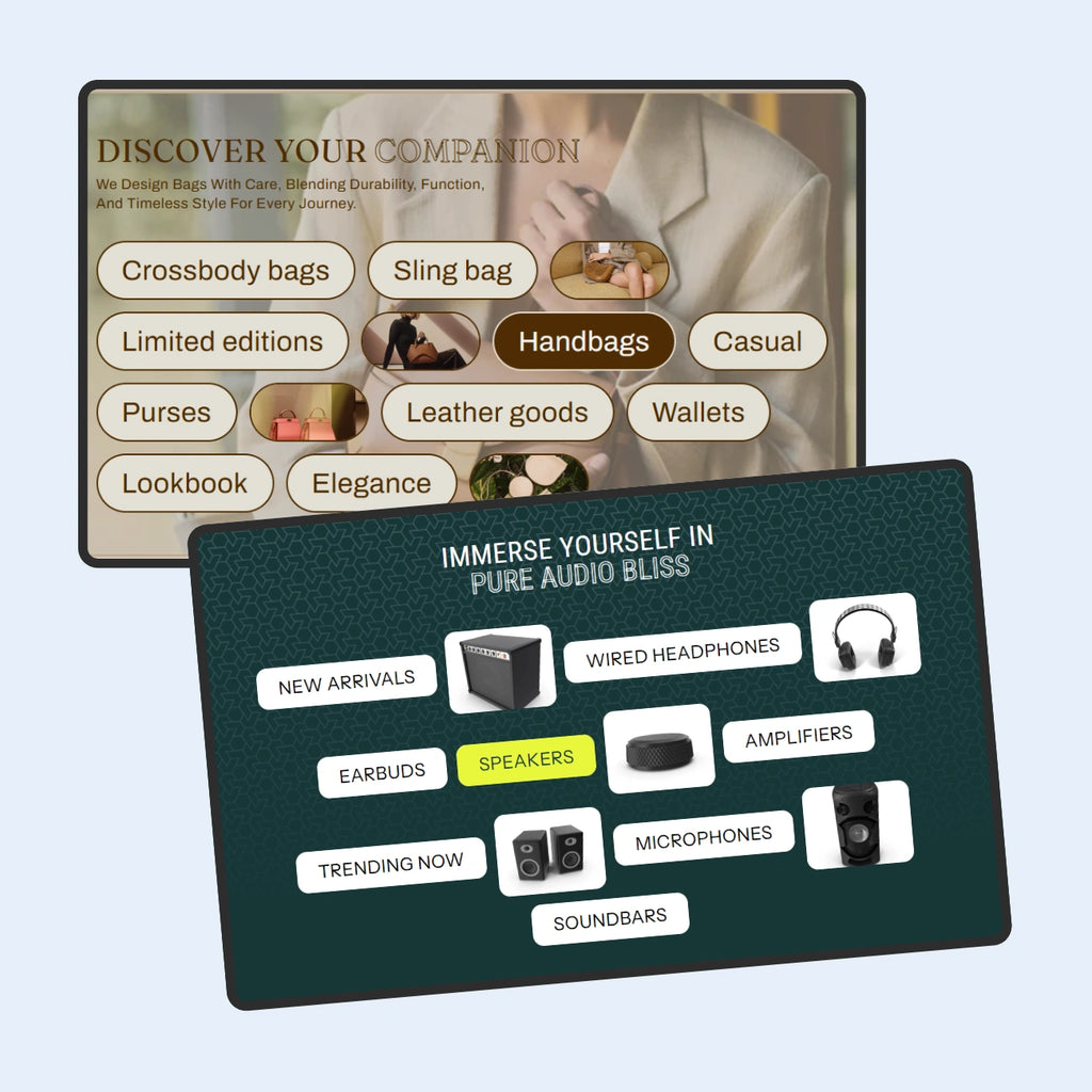 Product display with handbag and audio equipment categories on a light blue background