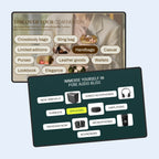 Product display with handbag and audio equipment categories on a light blue background