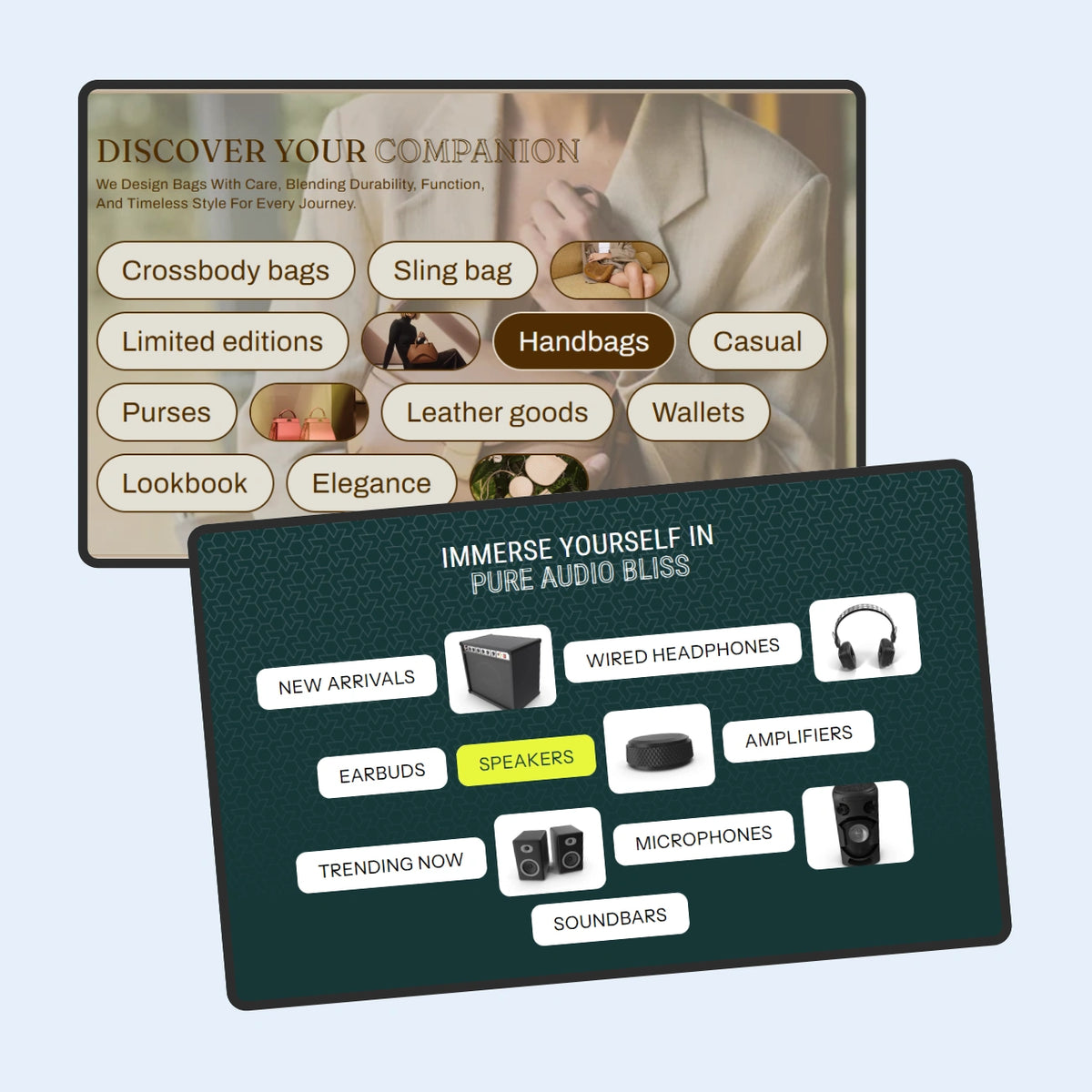 Product display with handbag and audio equipment categories on a light blue background