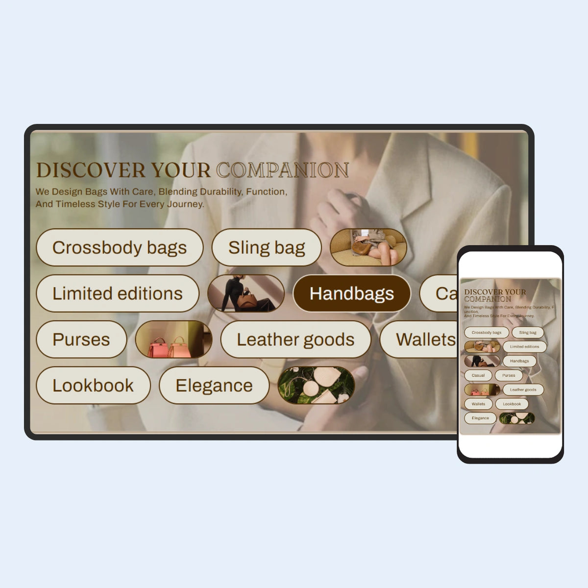 Smartphone displaying a shopping app with product categories on a light gray background