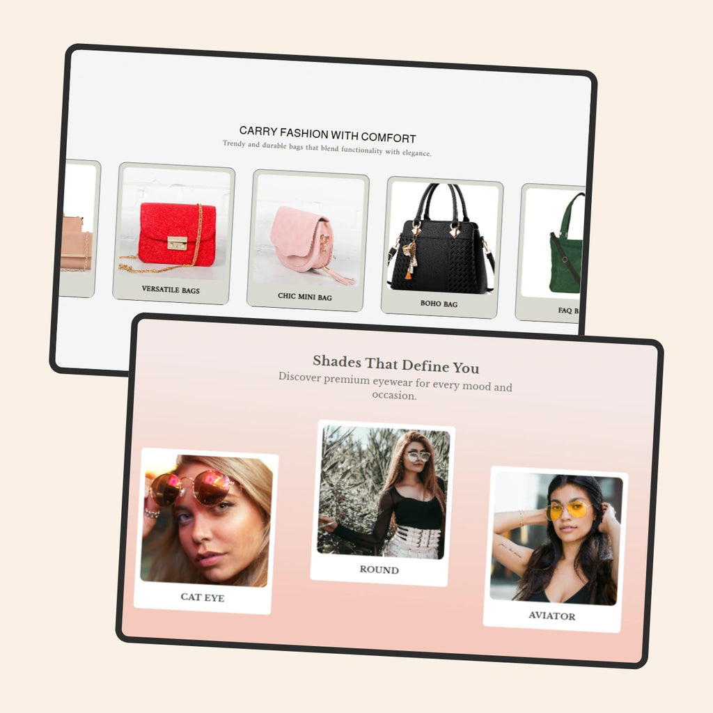 Two computer monitors displaying fashion bags and eyewear options on a beige background.