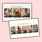 Two computer monitors displaying product images on a pink background