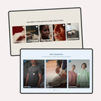 Two computer monitors displaying lifestyle and product images on a white background