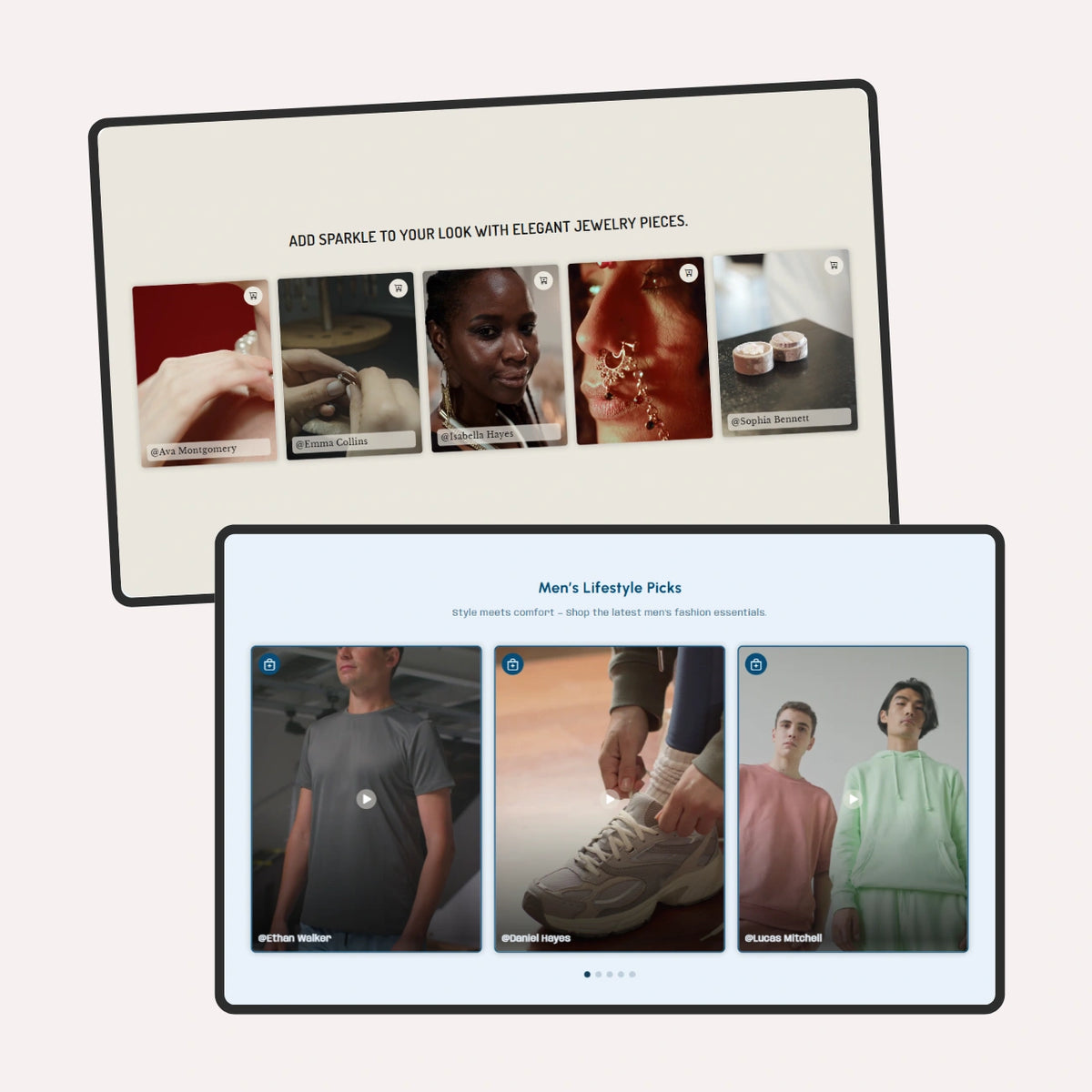 Two computer monitors displaying lifestyle and product images on a white background