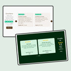 Customer review testimonials with star ratings displayed on website cards.