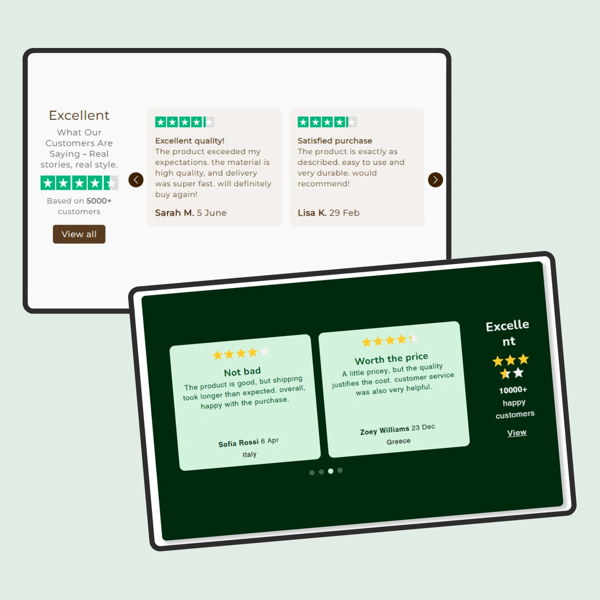 Customer review testimonials with star ratings displayed on website cards.