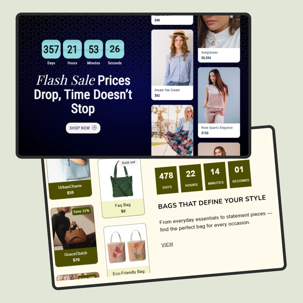 Two digital tablets displaying e-commerce interfaces with product listings and promotional text.