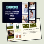Two digital tablets displaying e-commerce interfaces with product listings and promotional text.