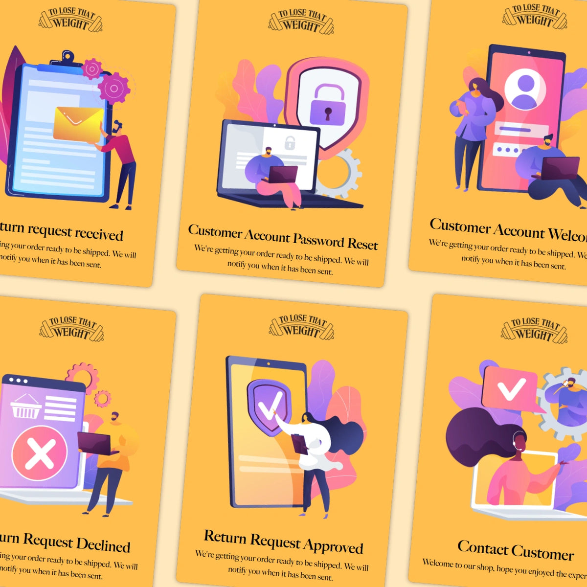 Illustrated cards depicting customer service interactions with text on a yellow background