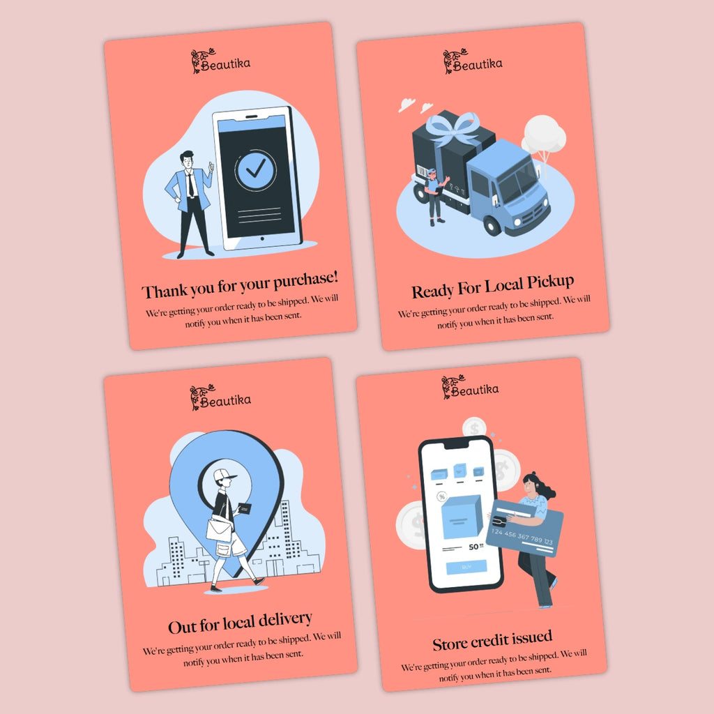 Four orange cards with illustrations and text on a pink background