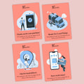 Four orange cards with illustrations and text on a pink background
