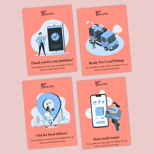 Four orange cards with illustrations and text on a pink background
