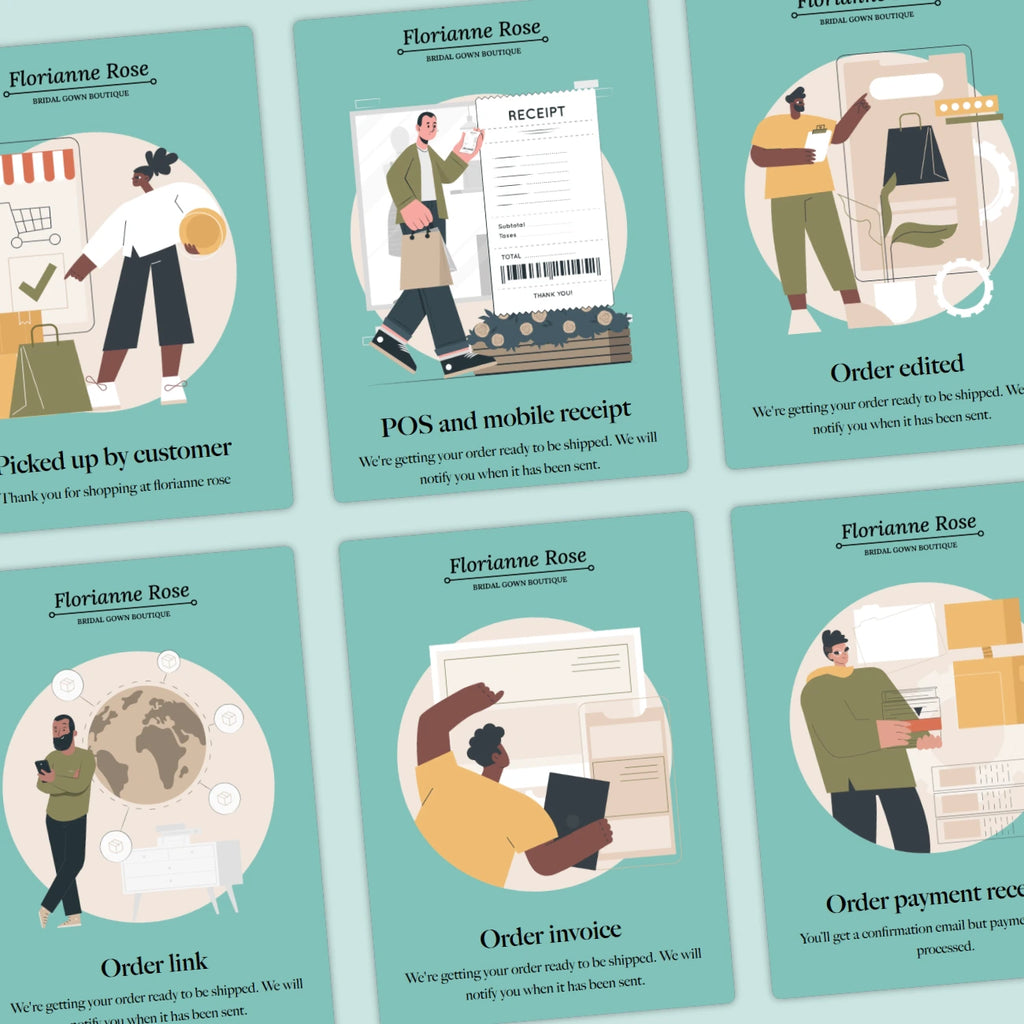 Collection of 'Florianne Rose' branded cards showing different stages of an order process.