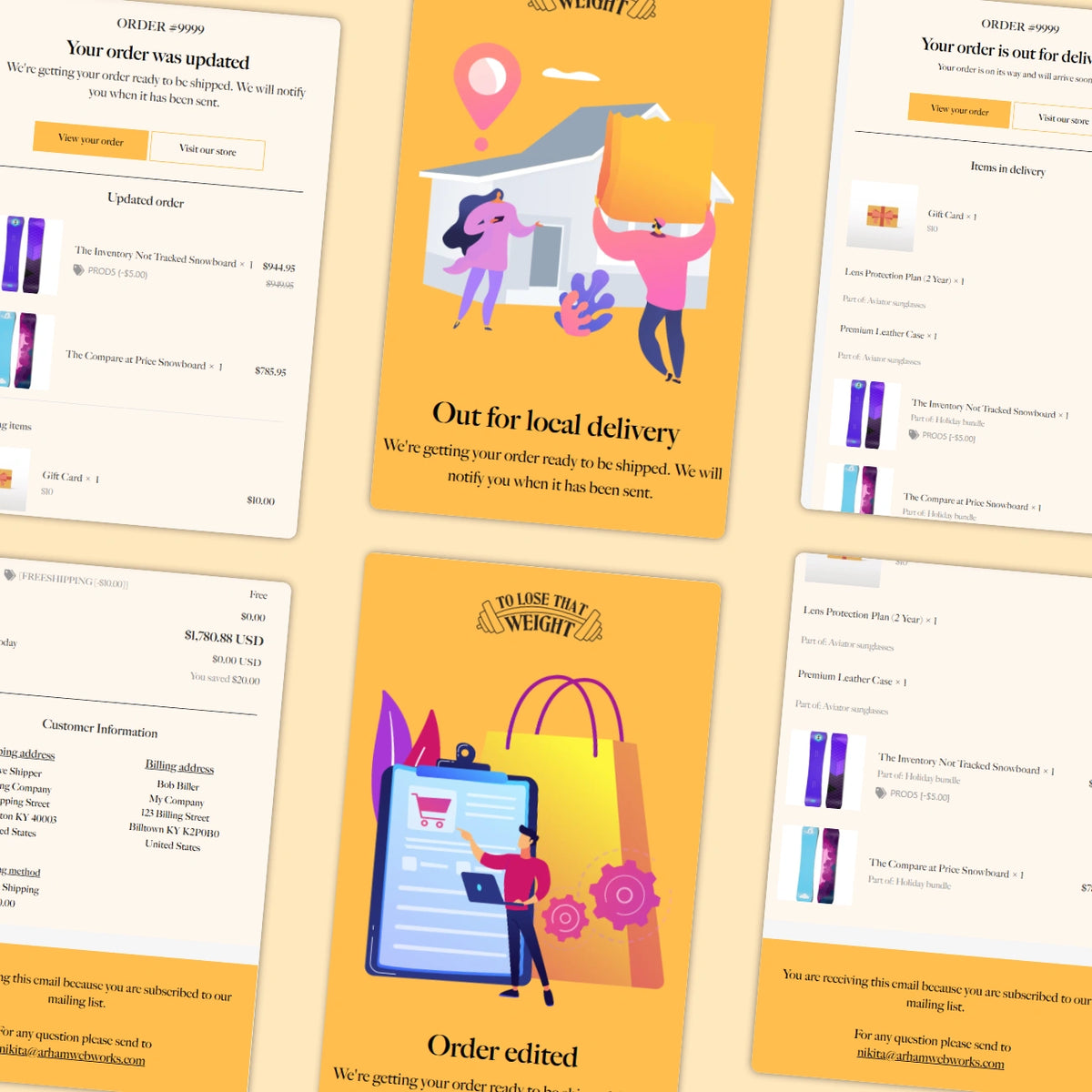 Illustrations of order status updates with characters and text on a yellow background