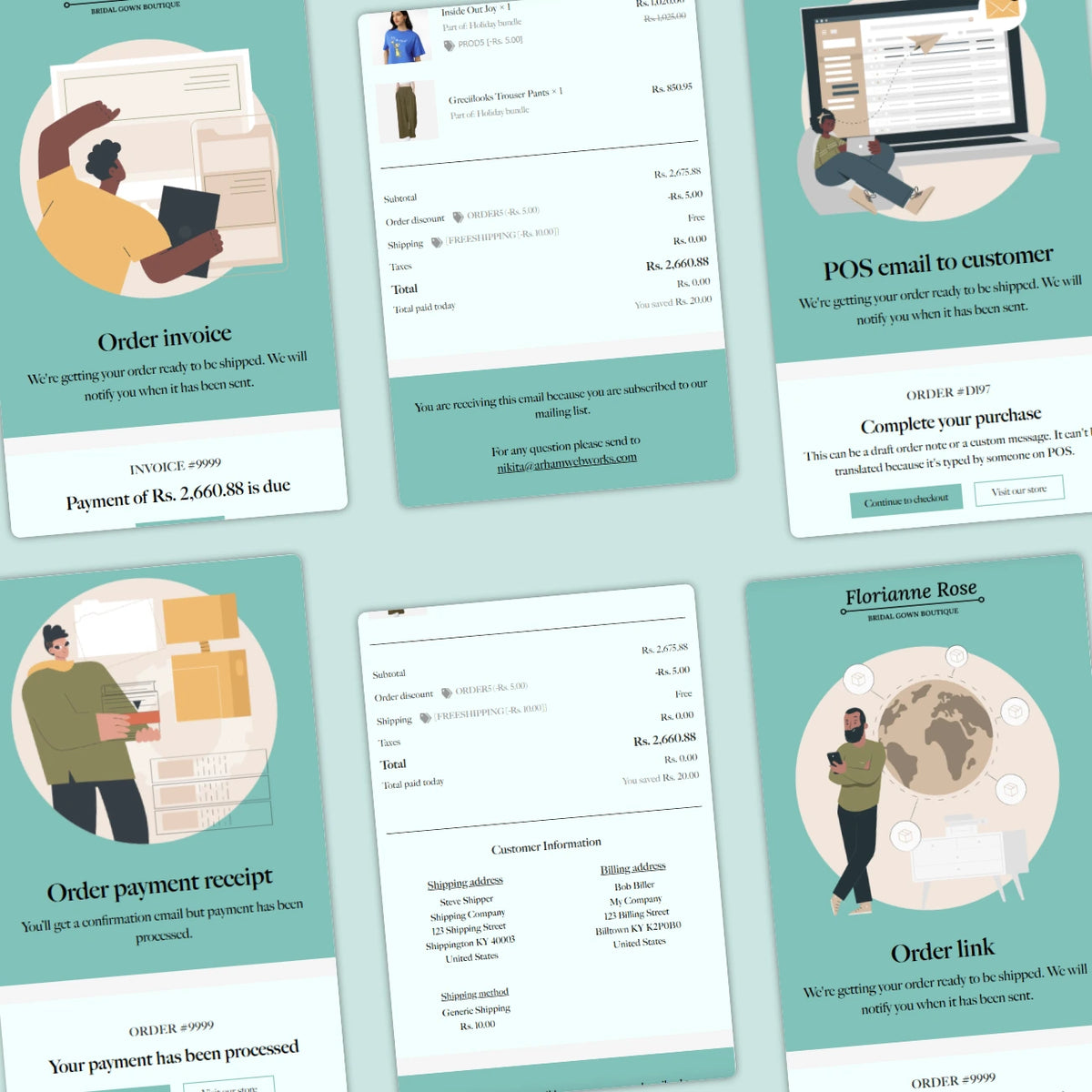 Collection of digital order processing screens with illustrations and text on a teal background