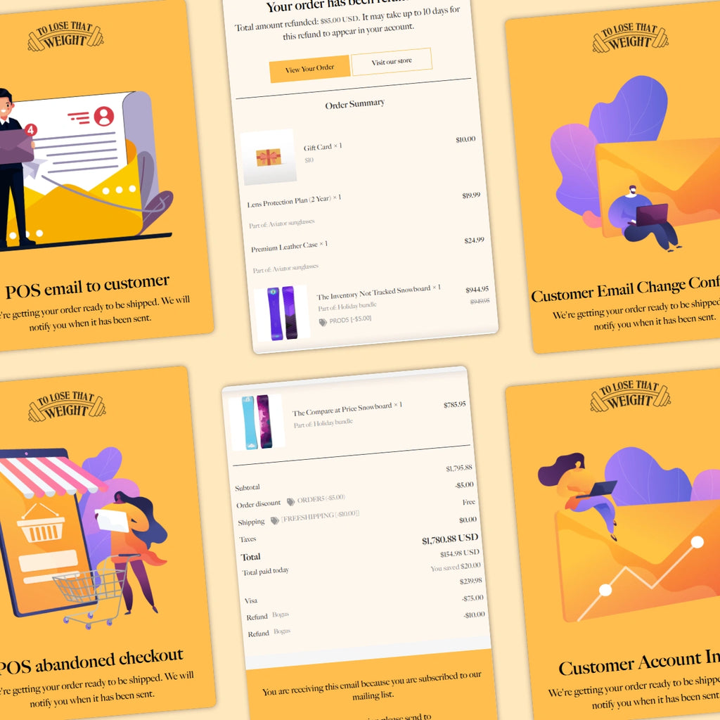 Collection of customer service emails and notifications with 'Close That Weight' branding on a beige background.
