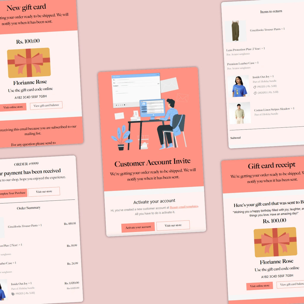 Collection of customer account invite and gift card receipt emails on a pink background